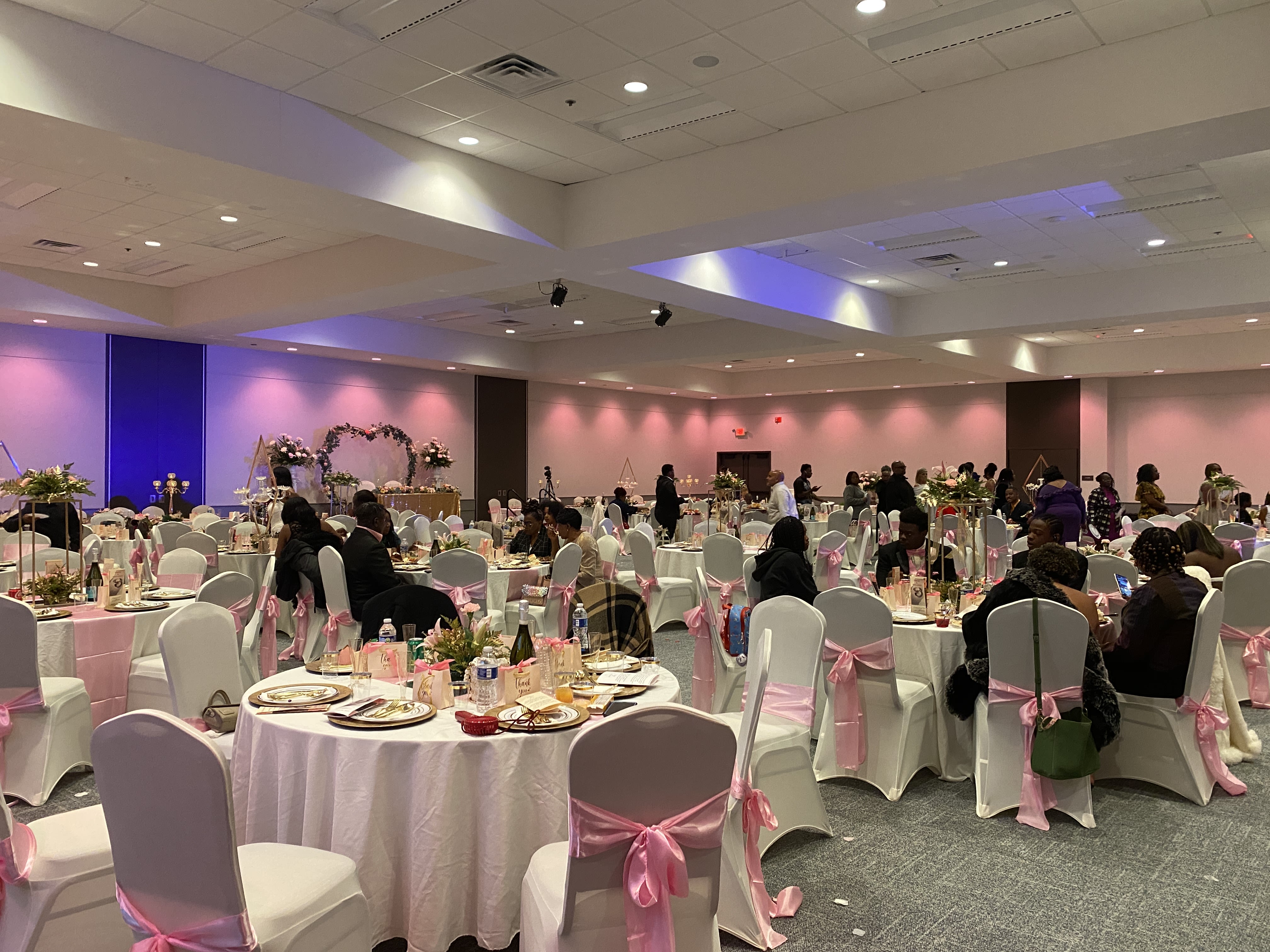 Civic Center banquet room with blue pink and white color theme