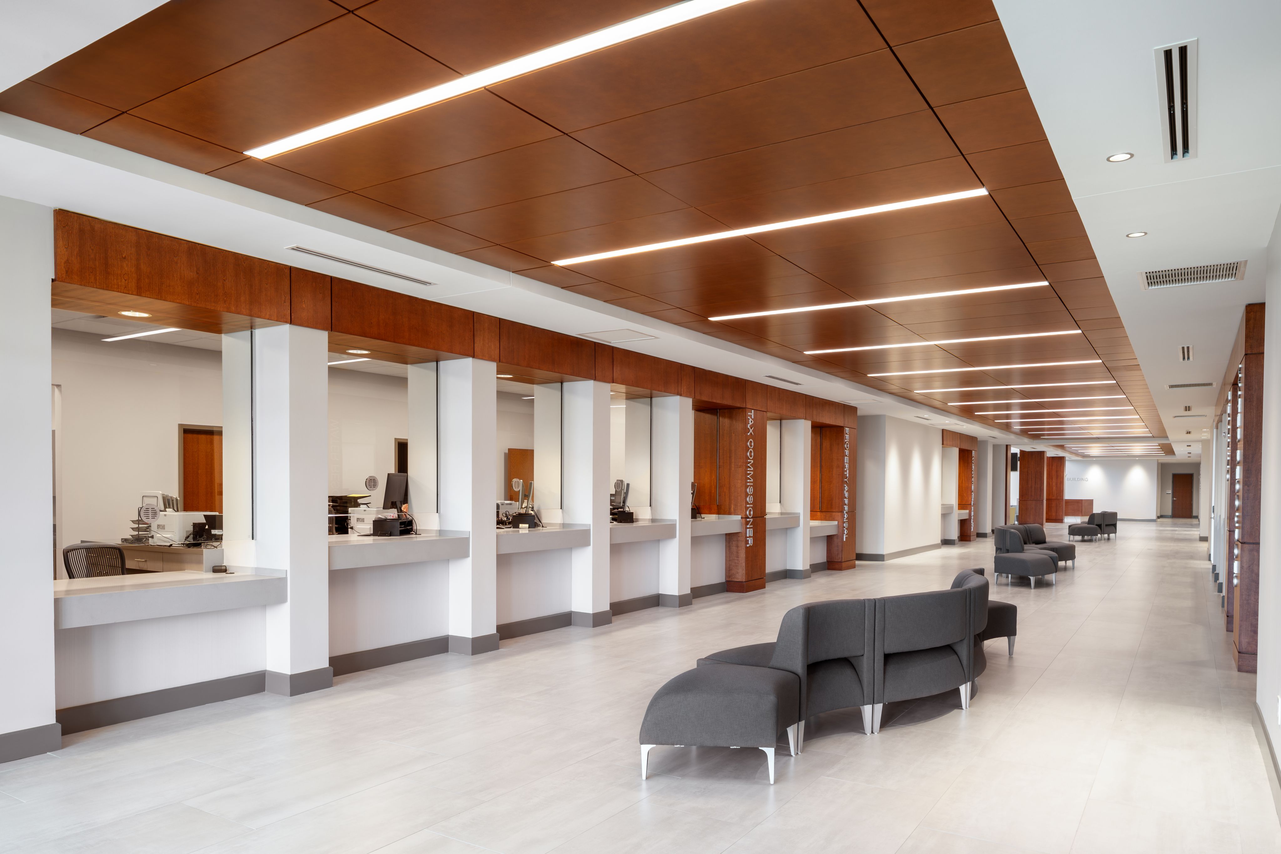 Hall with customer service windows at the Oconee County Administrative Building