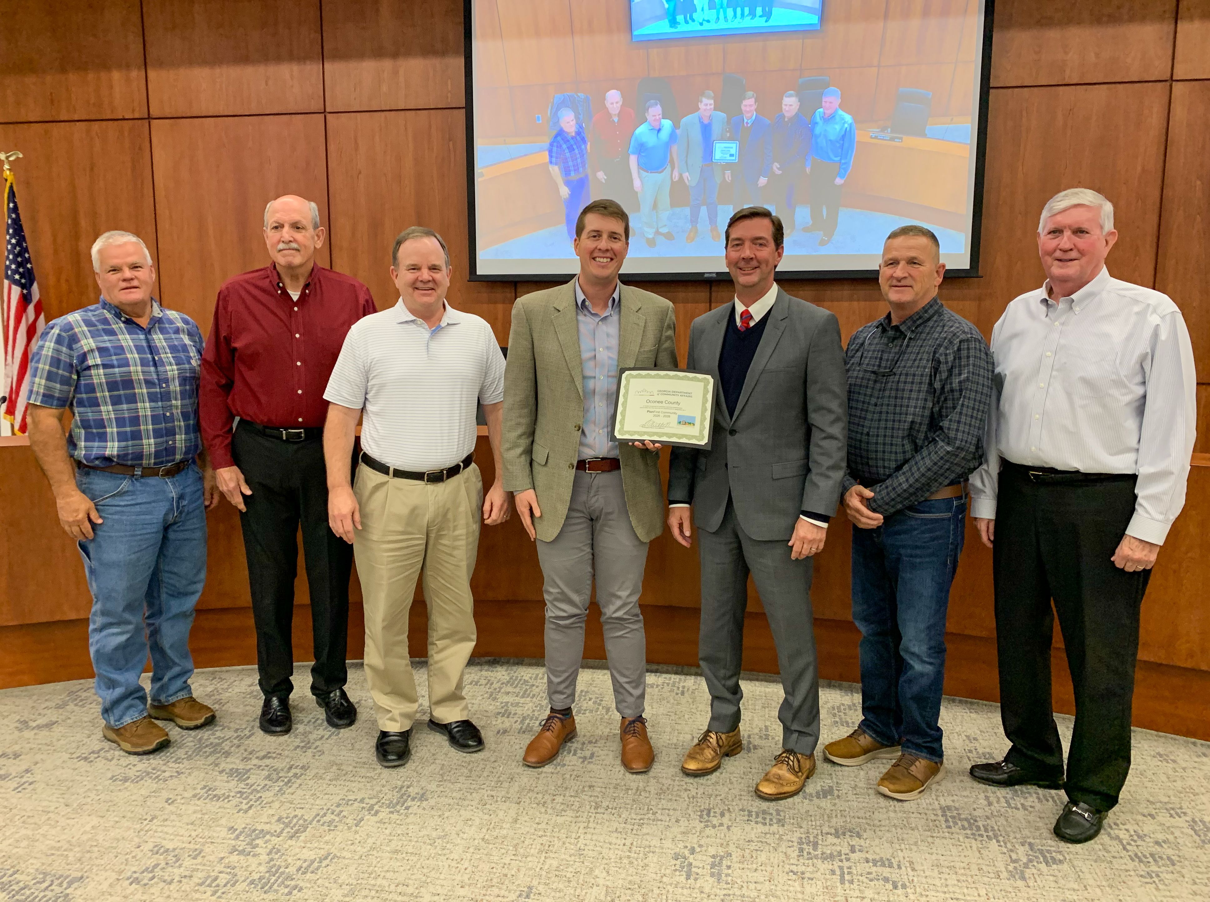 Georgia Department of Community Affairs representatives presents Plan First Certificate to Planning Director and Board of Commissioners